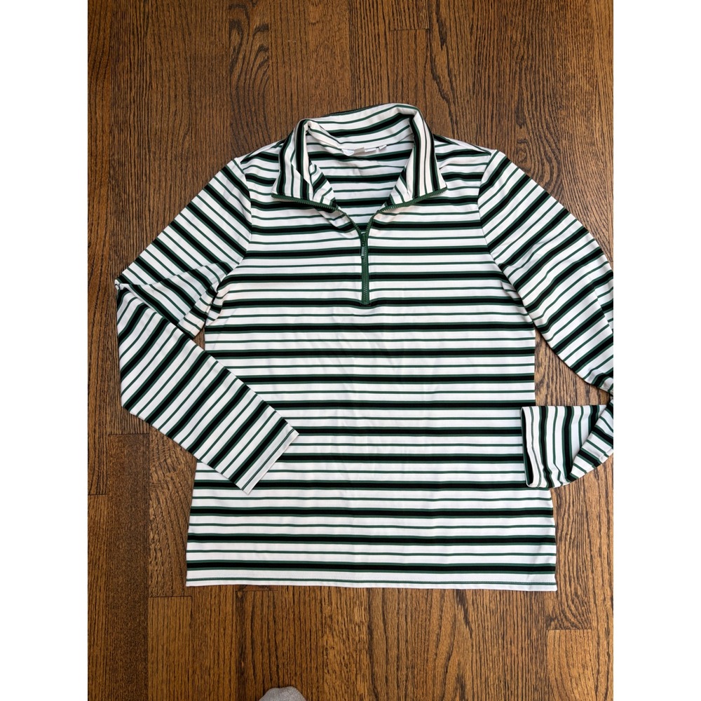 Chico's Quarter Zip Pullover Women Size 0 S Green White Striped Sporty Gorpcore